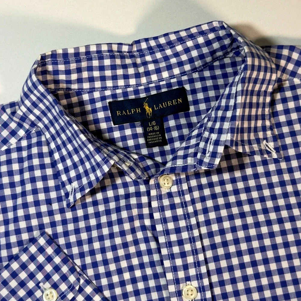 Ralph Lauren Button Down Shirt Boys L 14-16 Blue Gingham Excellent Long Sleeve